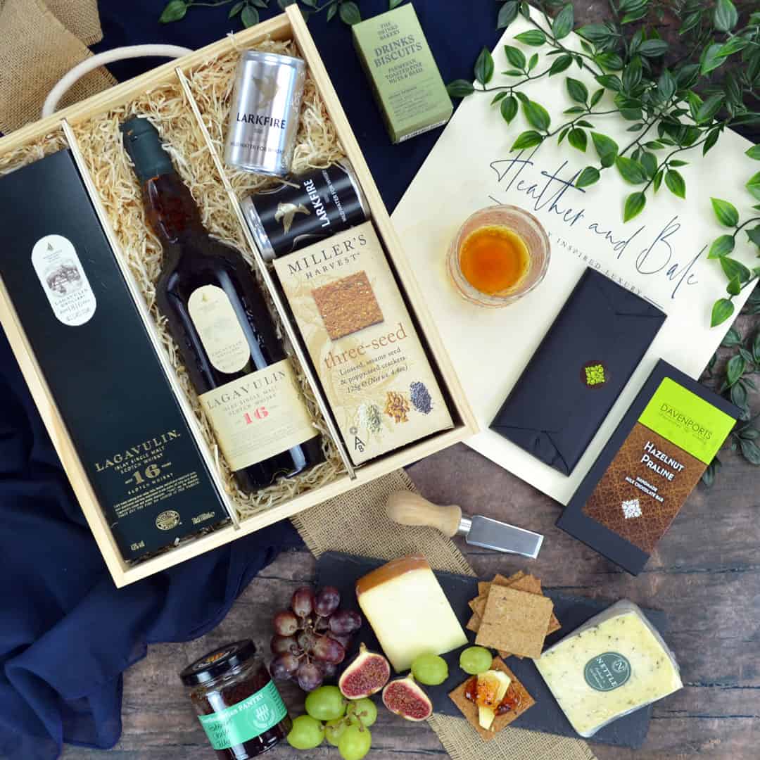 The Islay Whisky Hamper featuring Lagavulin 16 year old Scotch Whisky. A Lagavulin Whisky Gift for lovers of smoky whisky
