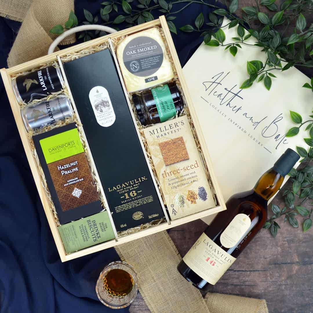 The Islay Whisky Hamper featuring Lagavulin 16 year old Scotch Whisky. A Lagavulin Whisky Gift for lovers of smoky whisky