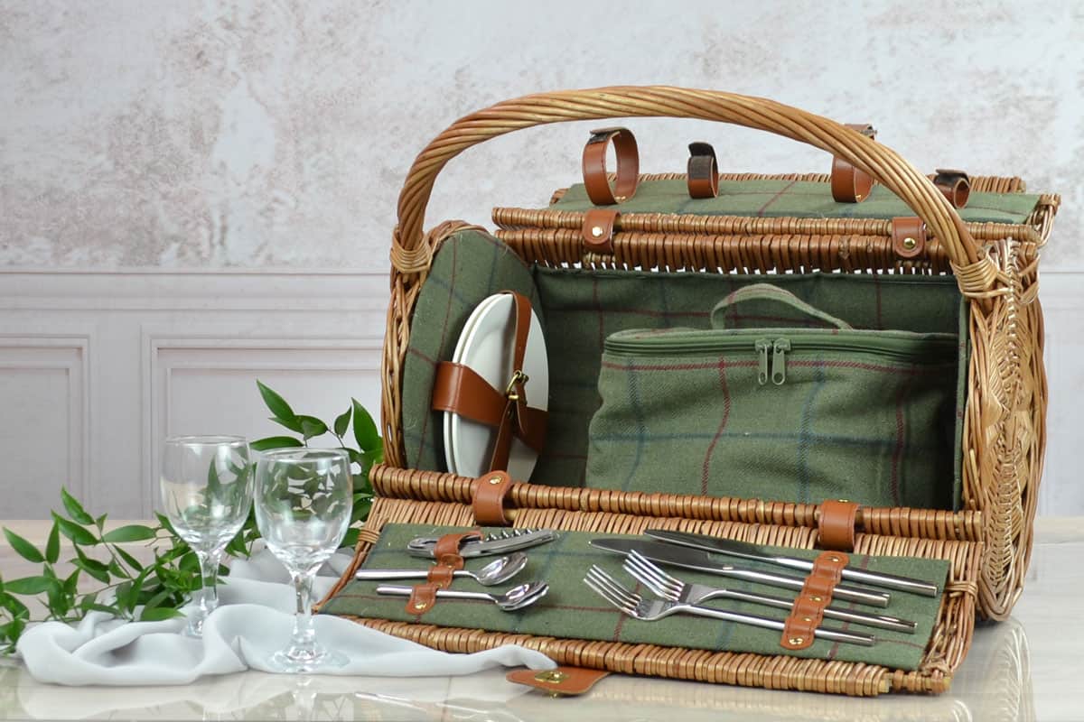 Green Tweed Picnic Hamper for 2 Fitted Wicker Hamper
