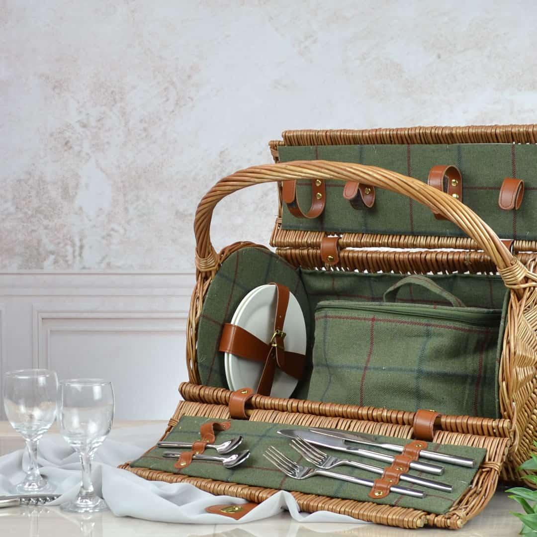 Green Tweed Picnic Hamper for 2 Fitted Wicker Hamper