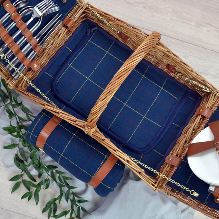 Dual Lid 4 Person Blue Tweed Picnic Basket