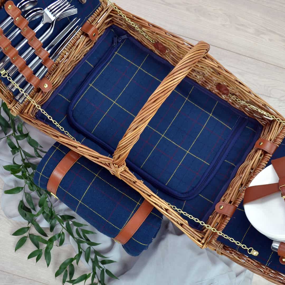 4 Person Blue Tweed Picnic Basket