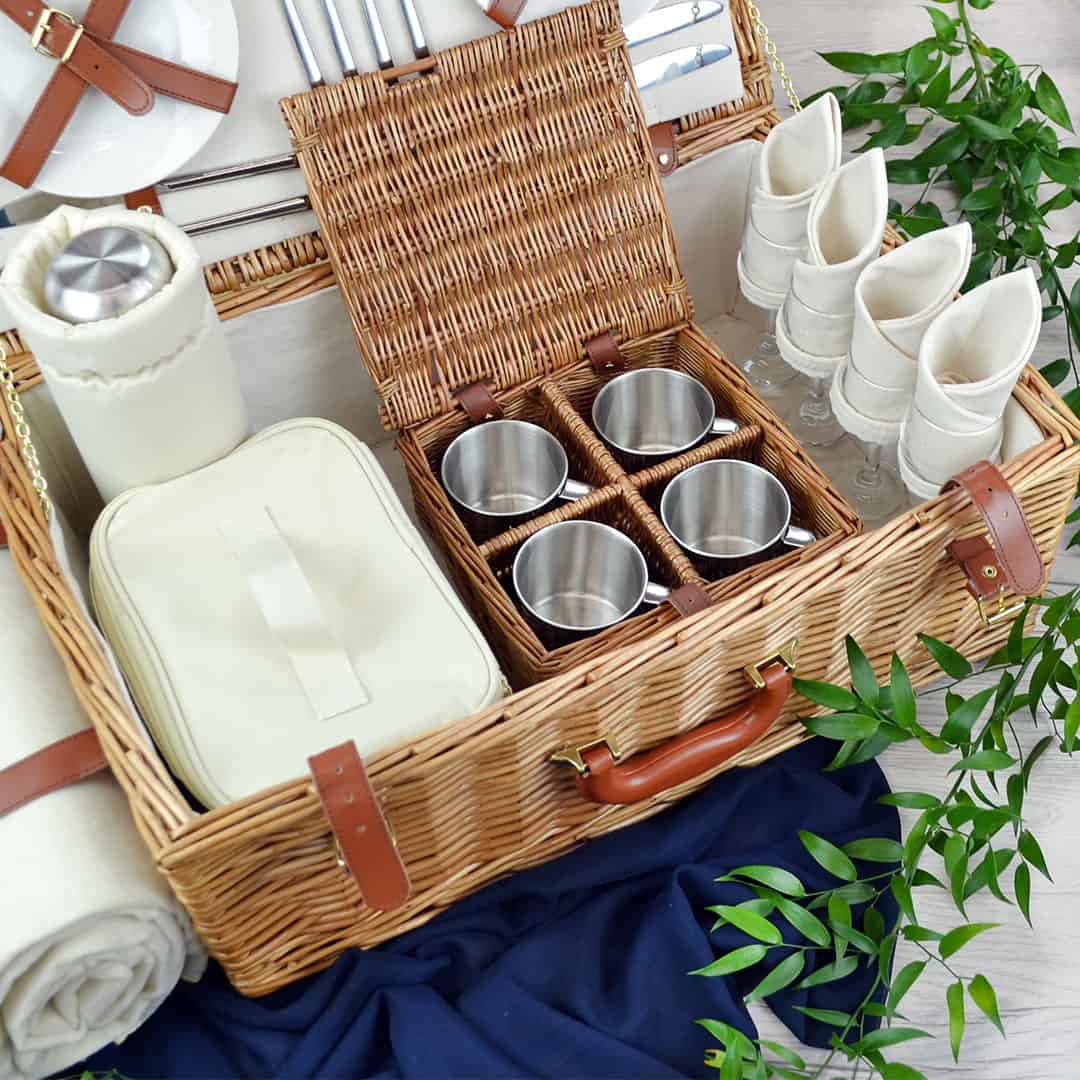 thumbnail image 2 of Large Wicker Picnic Basket Set For 4 – Includes Ceramic Cups, Flatware & Wine Glasses 2 of 4