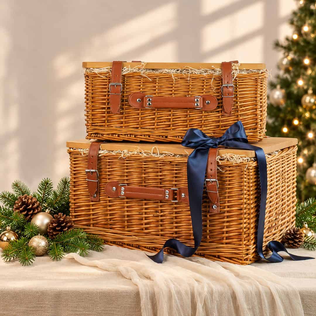 Two wicker hamper baskets with wooden lids and navy ribbon for the Longhirst Luxury Christmas Feast