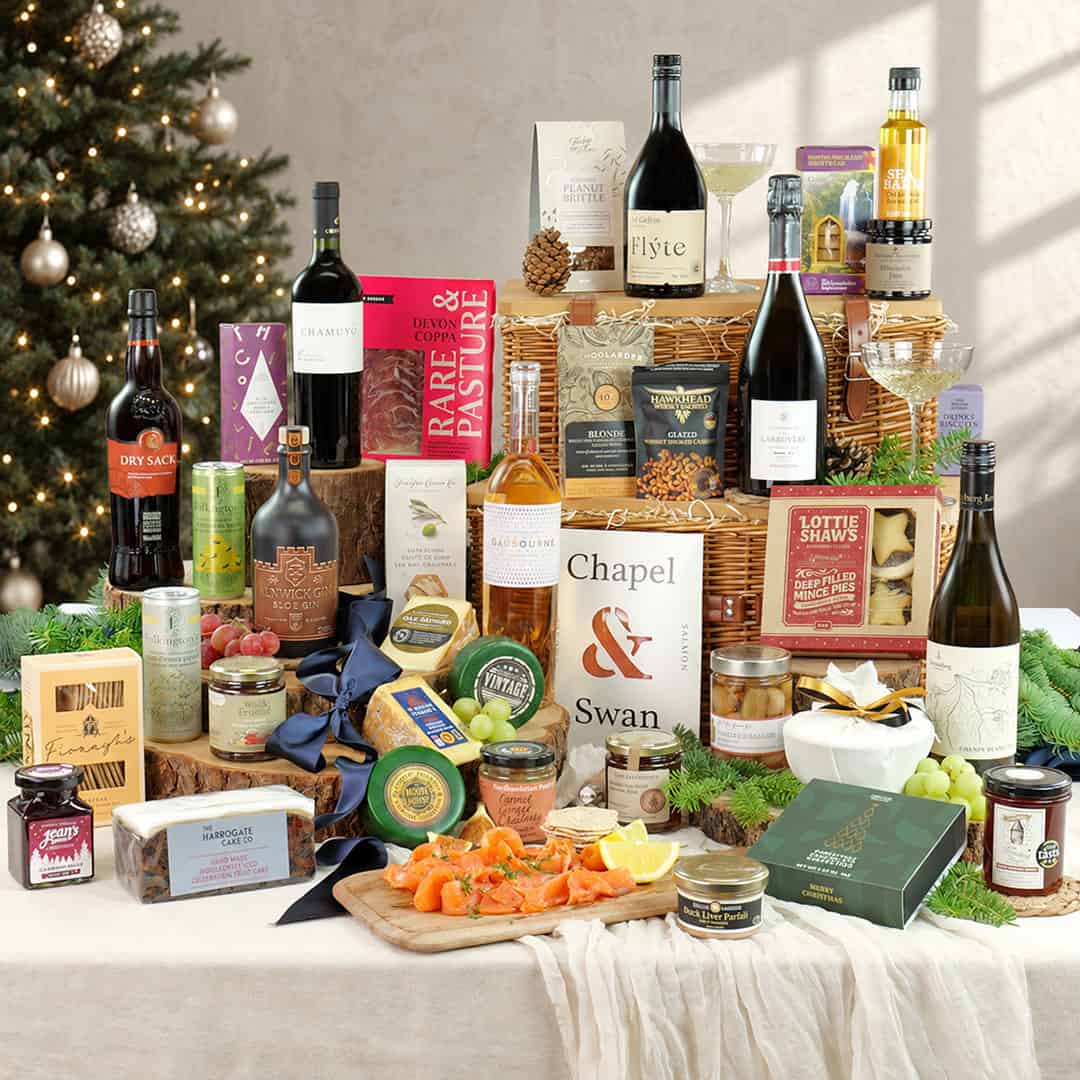 The Longhirst Luxury Christmas Feast with wines, Champagne, artisan food and two wicker baskets